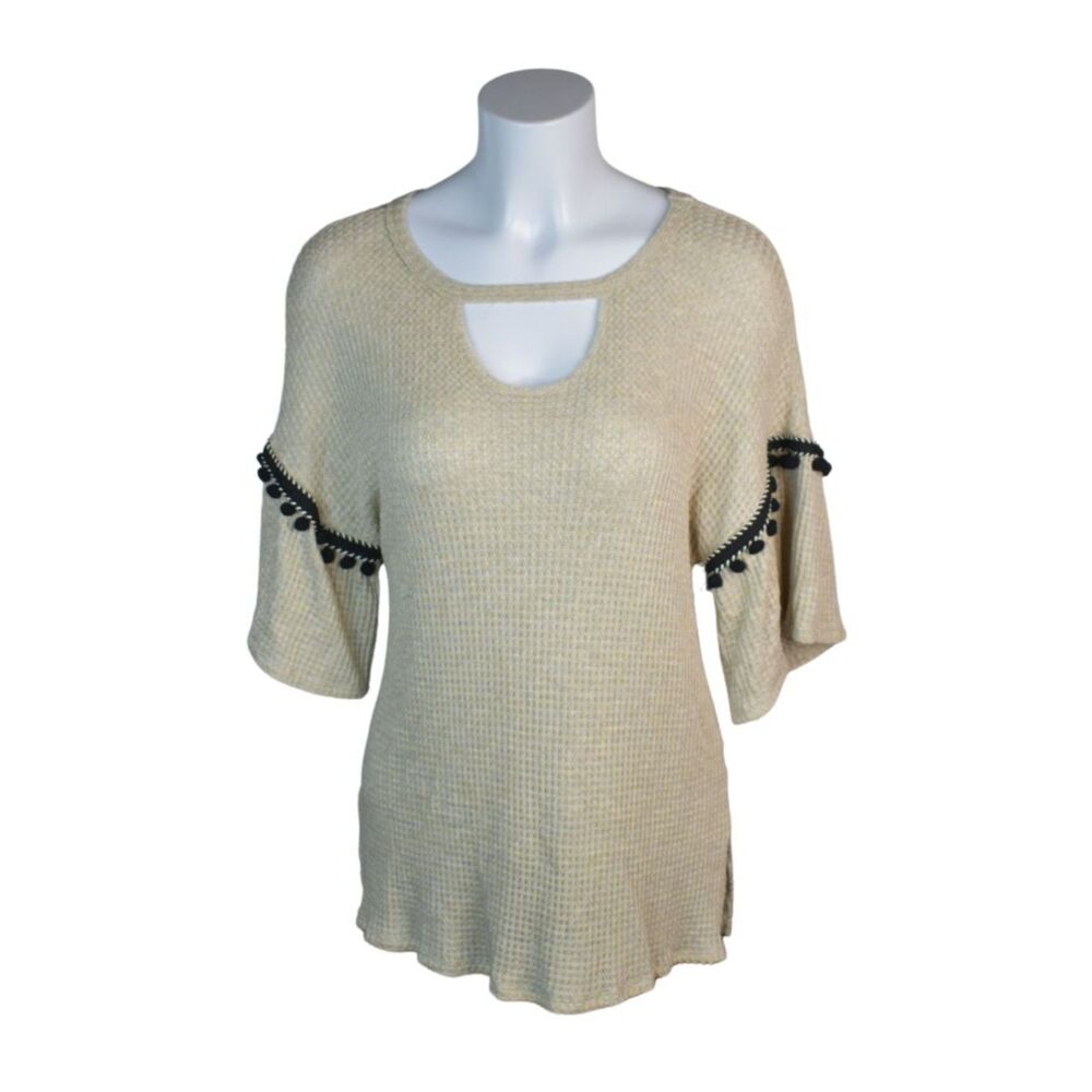 Hummingbird Waffle Knit Short Sleeve Blouse Tan Black New With Tag Versona Large